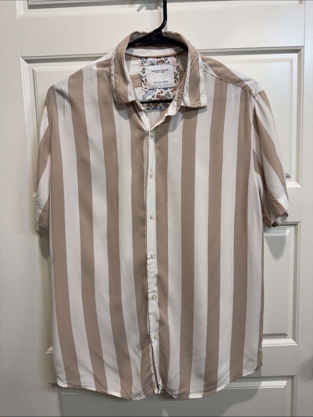 Denim & Flower Taupe and White Vertical Stripe Short Sleeve Shirt